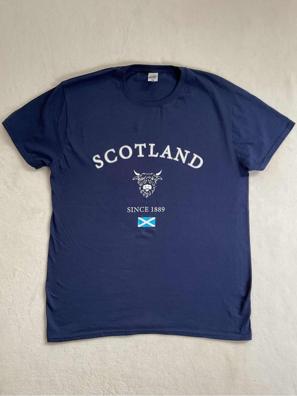 Scotland Highland Cow Navy Graphic T-Shirt Fruit of the Loom Iconic 150 Unisex